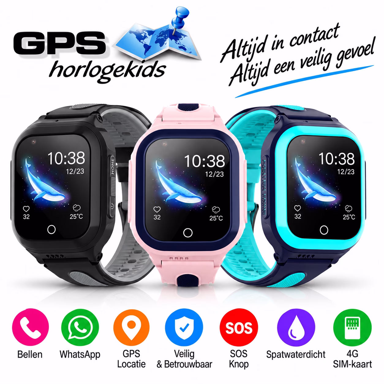 gps horloge kind omni junior 4G aqua wifi videocall telefoon sos spat spatwaterdicht waterproof kind tracker videobellen GPSHorlogeKids